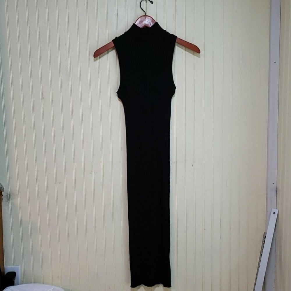 Zara Dress Womens XS-S Black Solid Sleeveless Mock Neck Bodycon Knit Knee Length